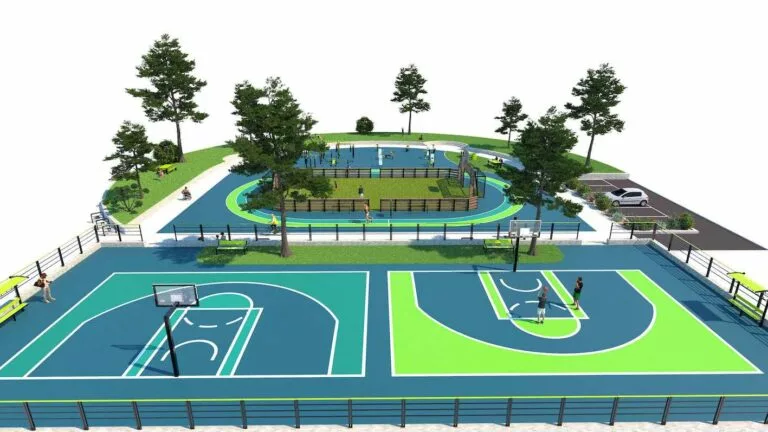 amenagement sportif urbain avec deux terrains de basket un city stade et une aire de fitness exterieure.